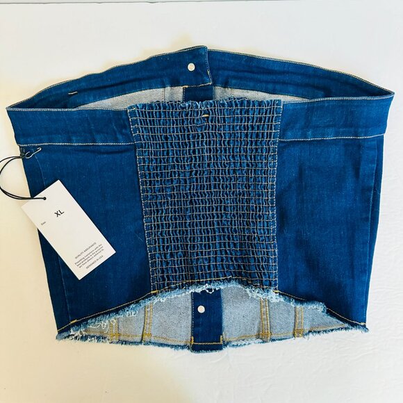 TULIP BLUE DENIM BUSTIER CORSET STYLE STRAPLESS RAW EDGE CROP TUBE TOP - Picture 3 of 6